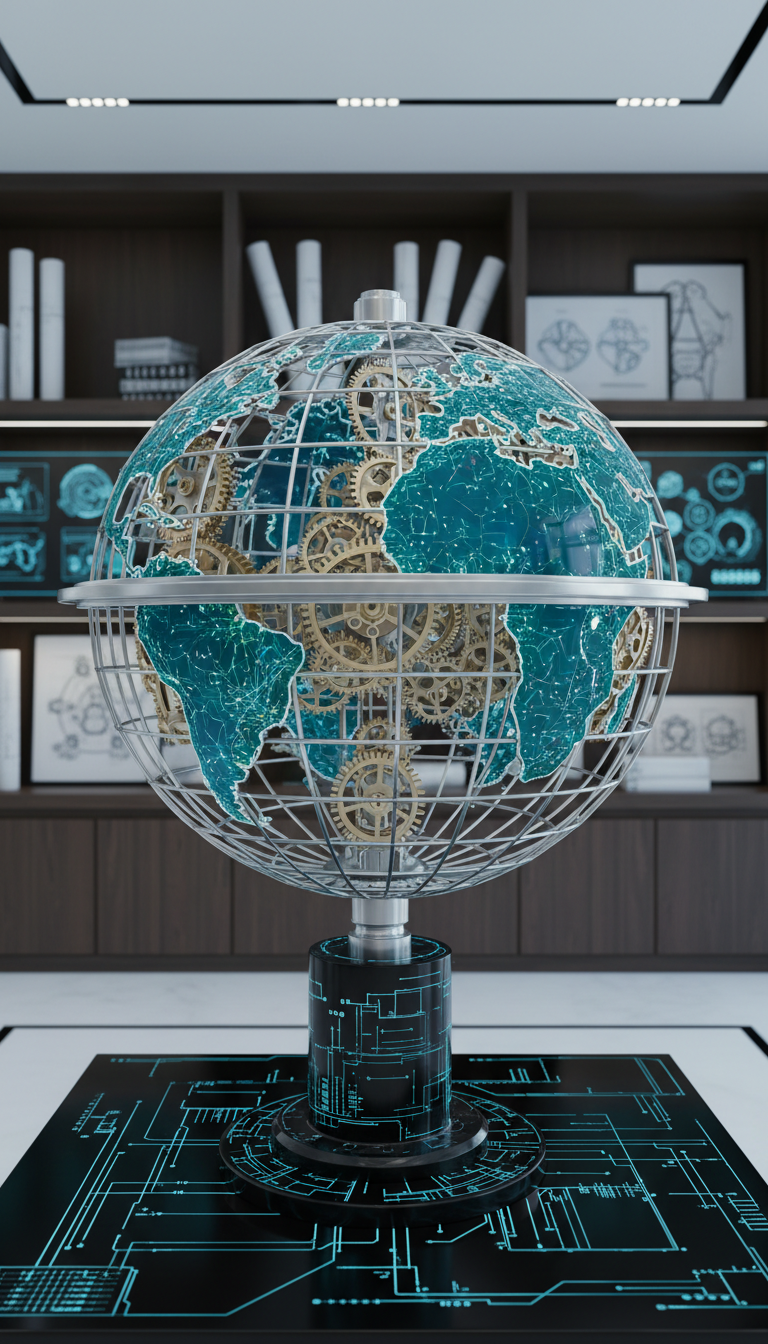 An intricate clockwork globe comprised of interlocking brushed metal gears and translucent acrylic landmasses, floating above a glossy, obsidian-black pedestal etched with faint, luminous gridlines. The background reveals a sleek, modern study with shelves lined by concept sketches and blueprints. Gentle, cool white ambient light fills the room, casting crisp, subtle reflections off metallic surfaces. The composition centers the globe, shot from a slightly elevated angle with sharp focus to highlight mechanical detail. The mood is meticulously thoughtful and futuristic, with a clean, technological realism that mirrors the ambitious vision of new political systems at both state and global scales.